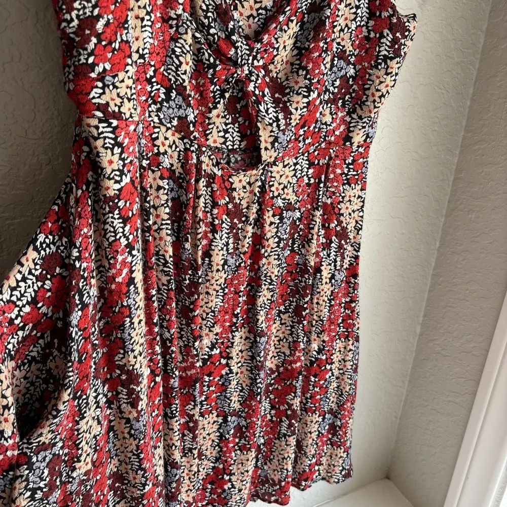 Free People Floral Mini‎ Dress Women M Boho Red Cutout Twist Front Tie Sleeve